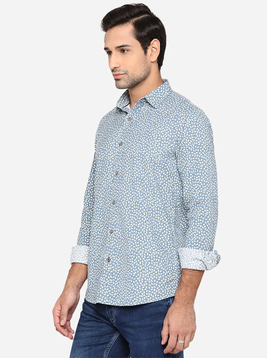 Trellis Blue Printed Slim Fit Semi Casual Shirt | JadeBlue