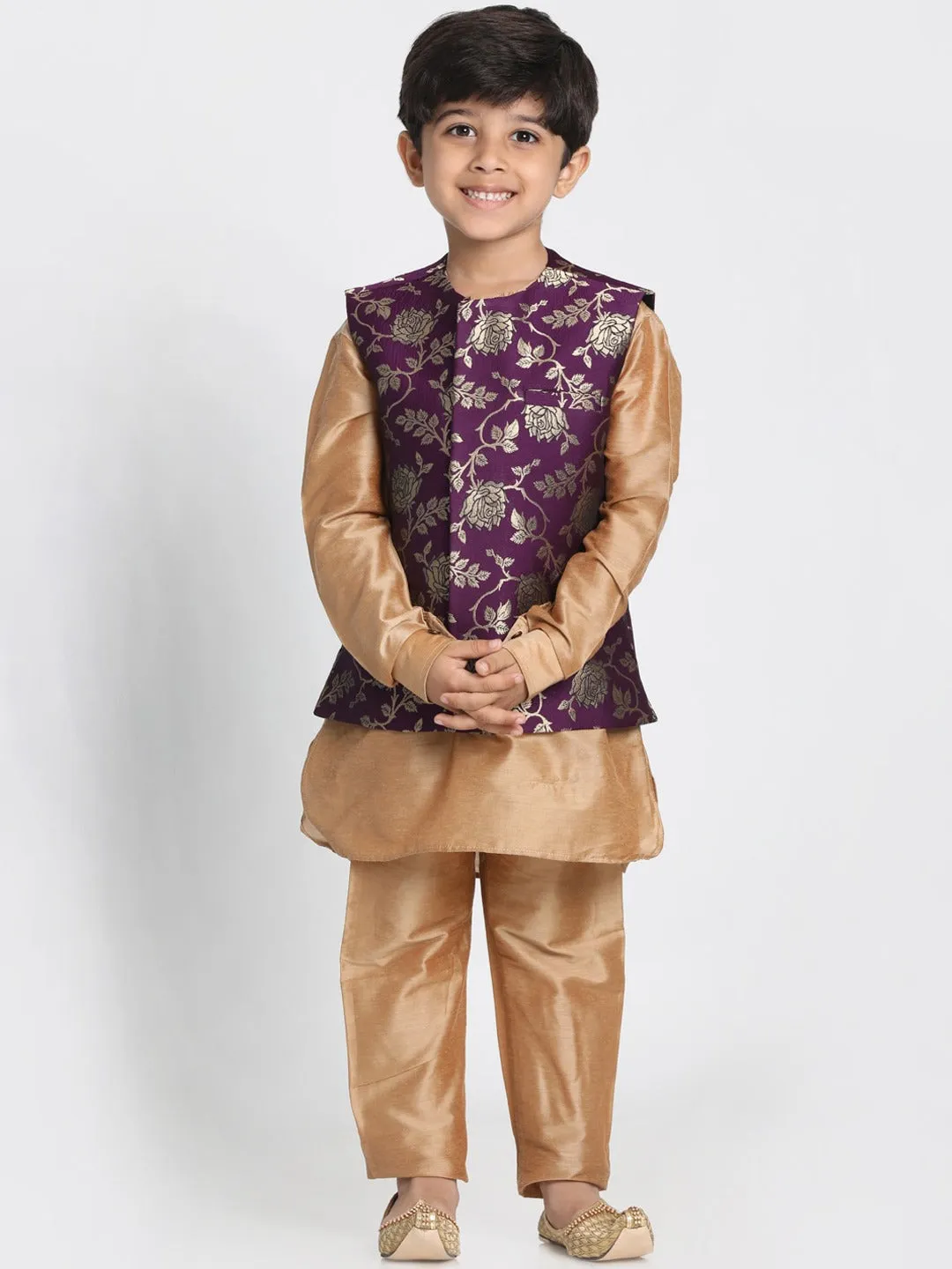 Vastramay Boys' Gold Cotton Silk Blend Kurta, Nehru Jacket and Pyjama Set