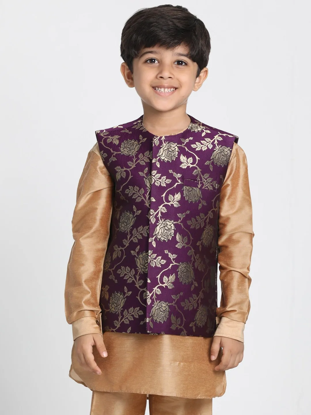 Vastramay Boys' Gold Cotton Silk Blend Kurta, Nehru Jacket and Pyjama Set