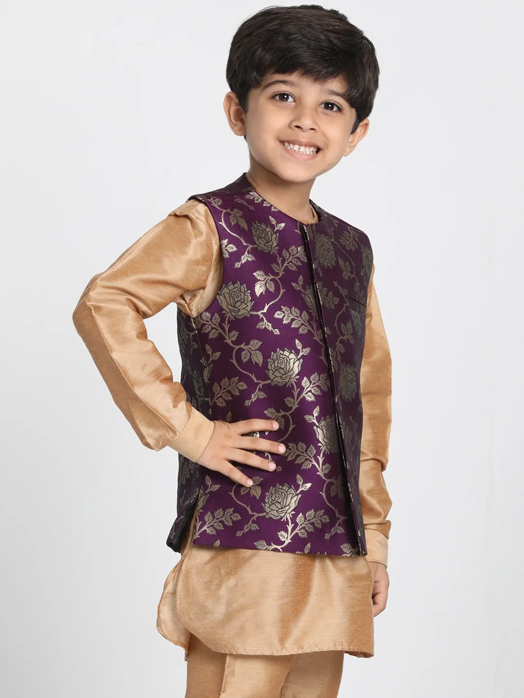 Vastramay Boys' Gold Cotton Silk Blend Kurta, Nehru Jacket and Pyjama Set