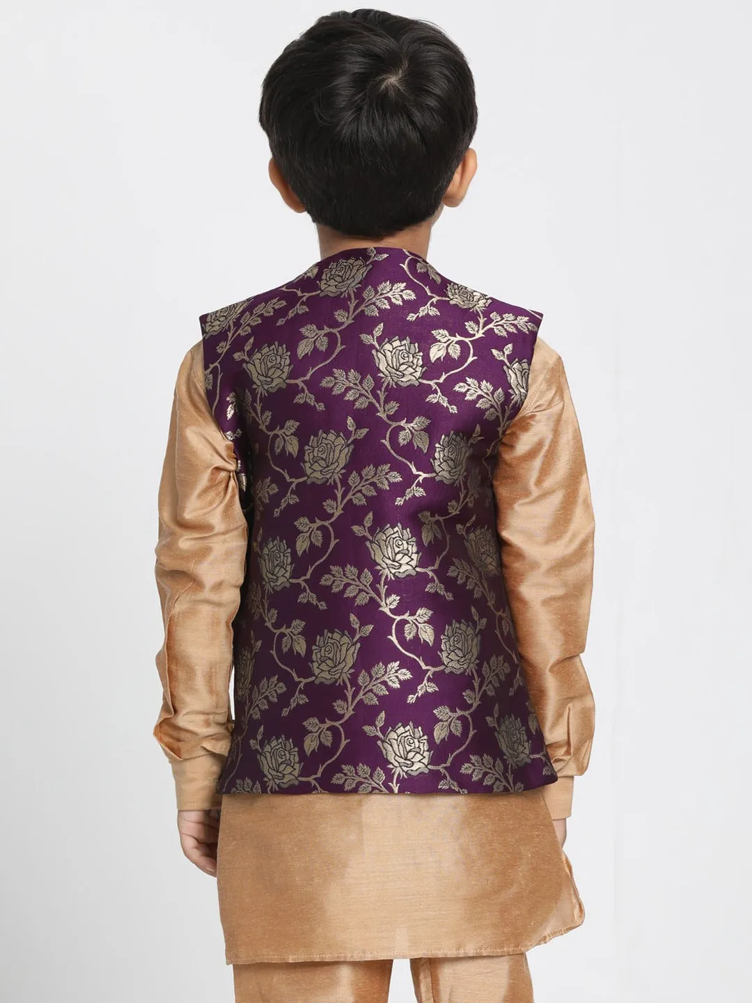 Vastramay Boys' Gold Cotton Silk Blend Kurta, Nehru Jacket and Pyjama Set