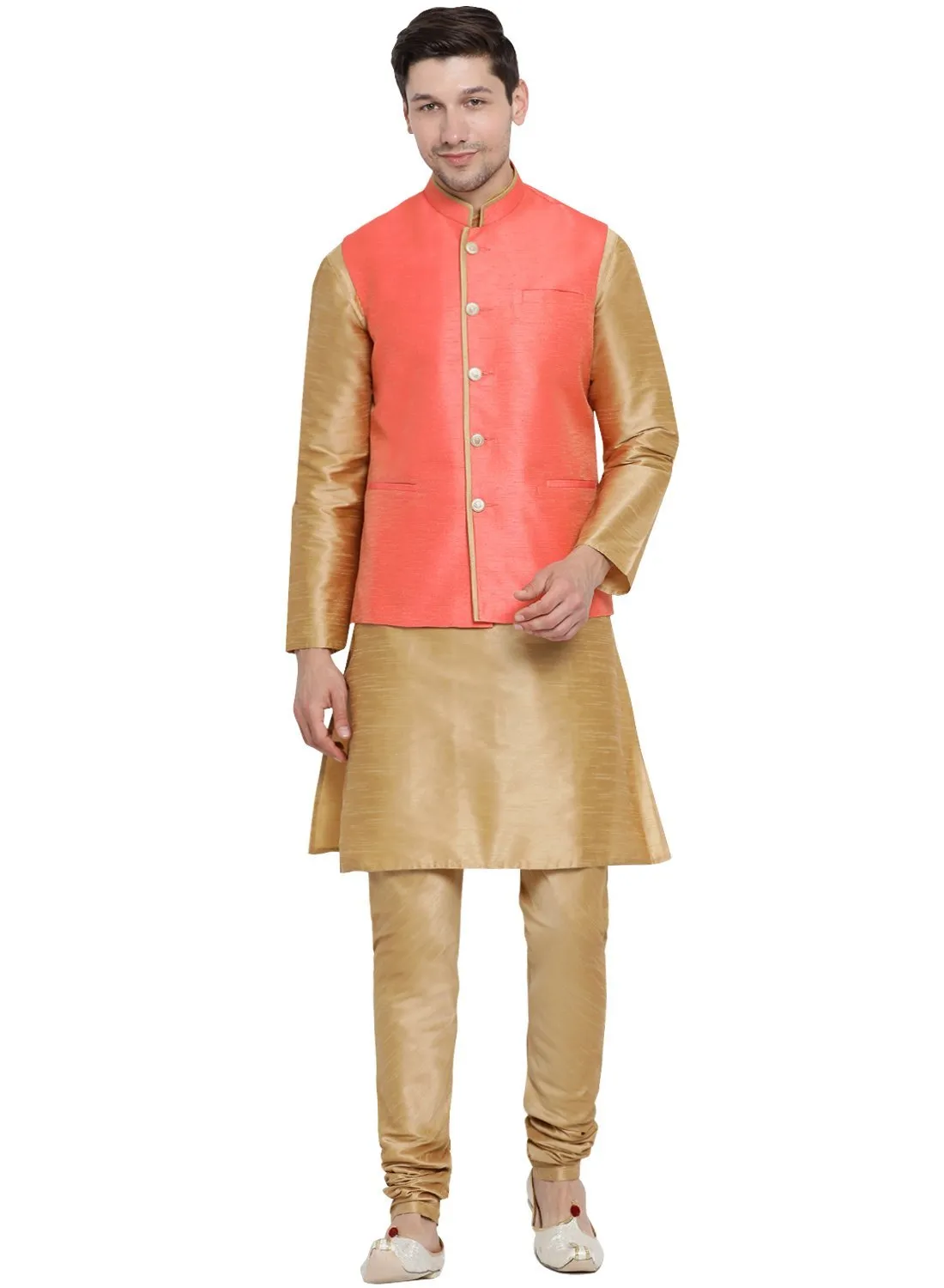 VASTRAMAY Men's Gold Cotton Silk Blend Kurta, Ethnic Jacket and Pyjama Set