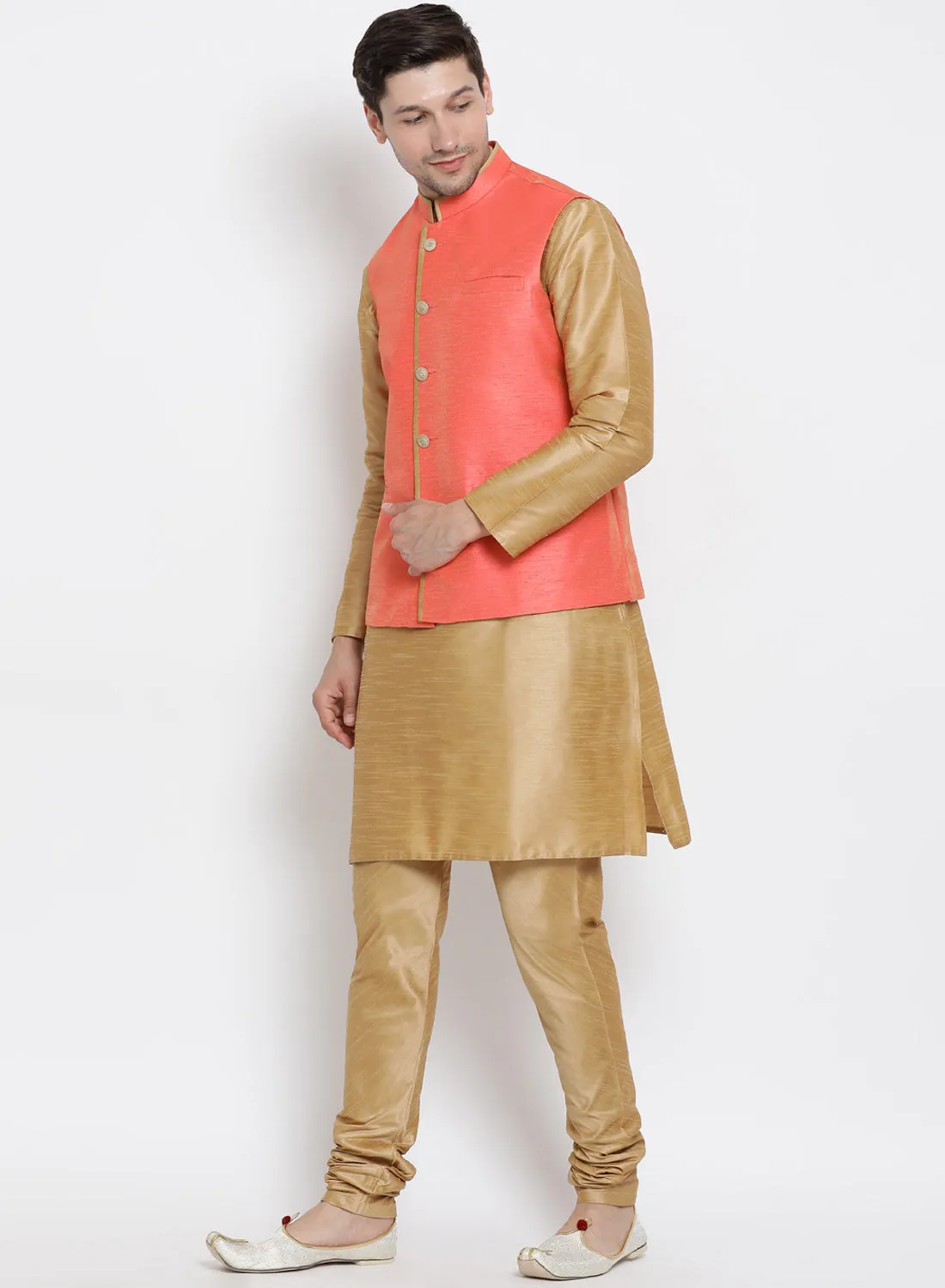 VASTRAMAY Men's Gold Cotton Silk Blend Kurta, Ethnic Jacket and Pyjama Set