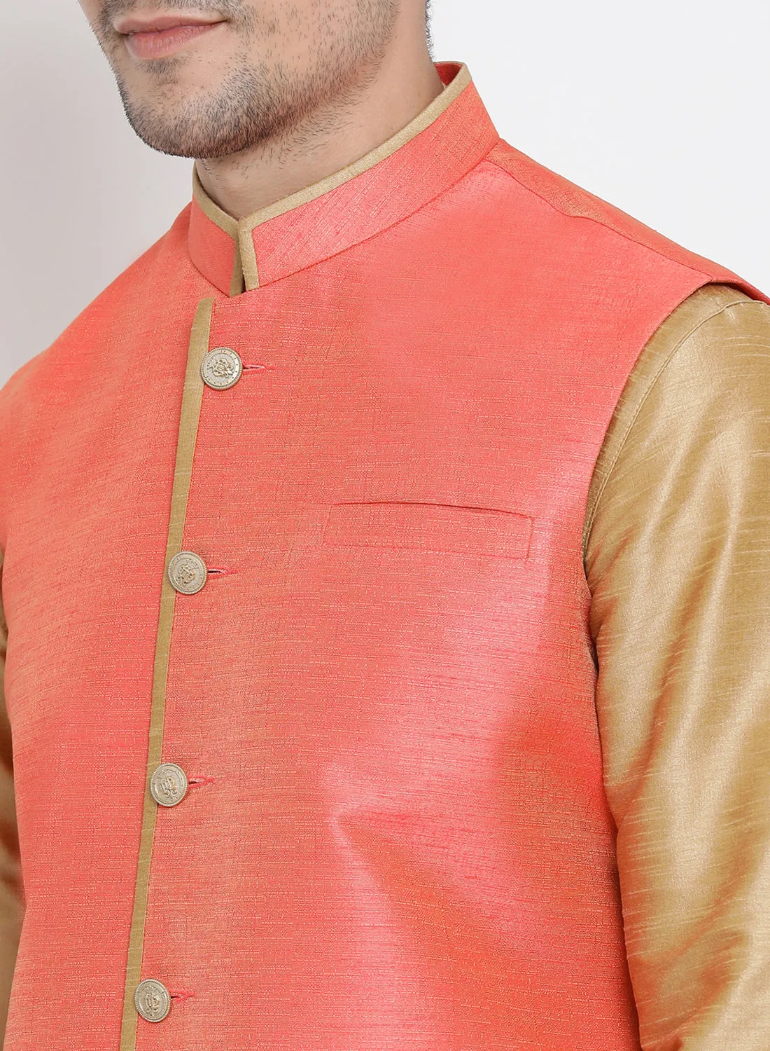 VASTRAMAY Men's Gold Cotton Silk Blend Kurta, Ethnic Jacket and Pyjama Set