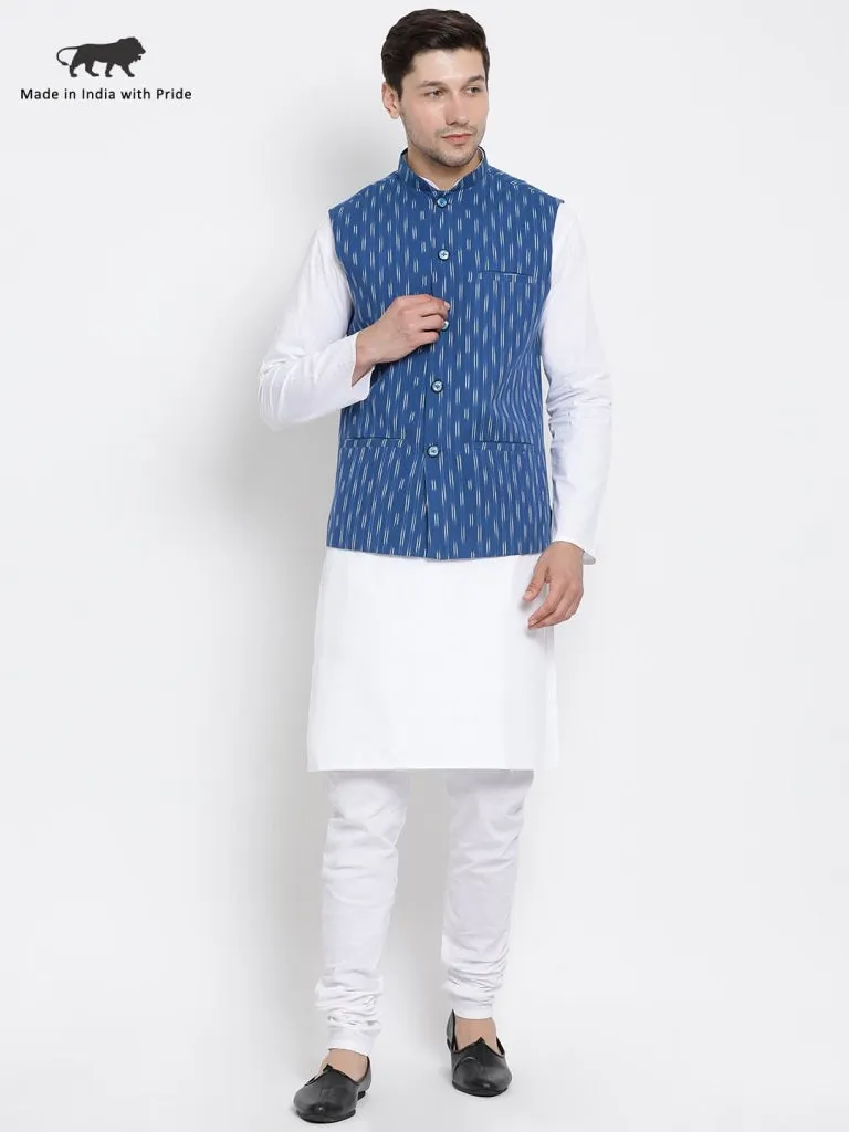 VASTRAMAY Men's White Cotton Kurta, Ethnic Jacket and Pyjama Set