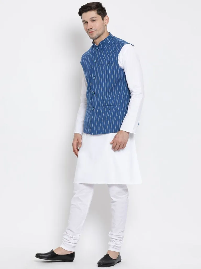 VASTRAMAY Men's White Cotton Kurta, Ethnic Jacket and Pyjama Set