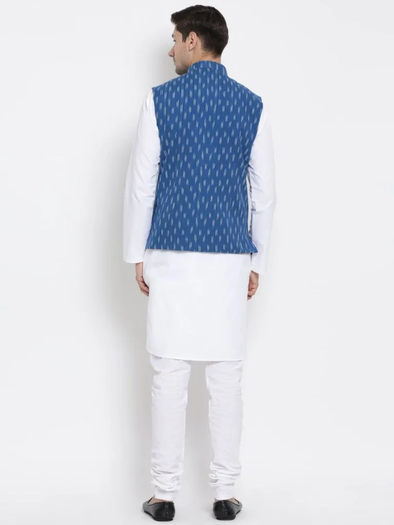 VASTRAMAY Men's White Cotton Kurta, Ethnic Jacket and Pyjama Set