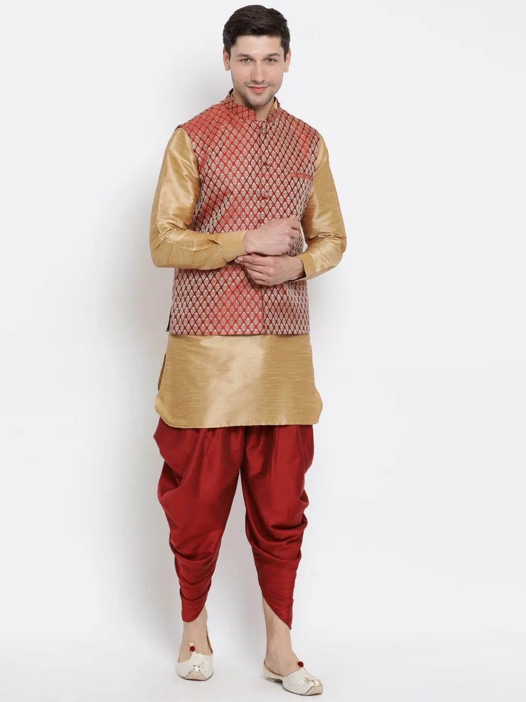 VM By VASTRAMAY Men's Maroon Silk Blend Jacket With Curved Kurta Dhoti Set