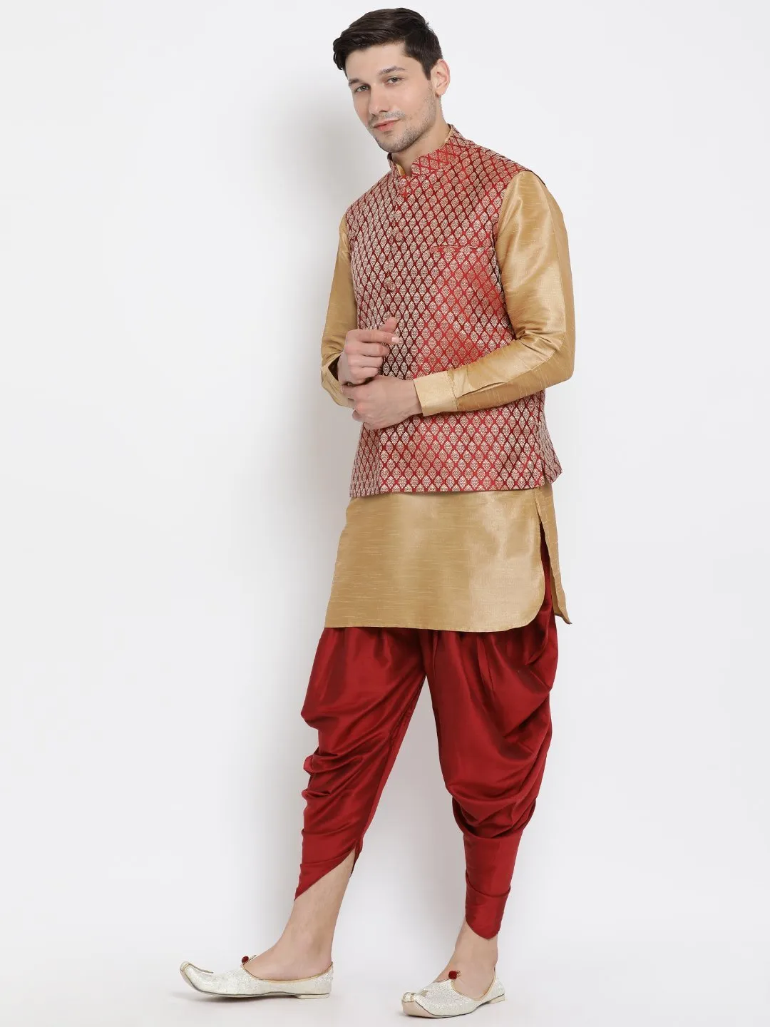 VM By VASTRAMAY Men's Maroon Silk Blend Jacket With Curved Kurta Dhoti Set