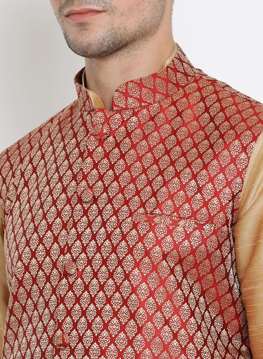 VM By VASTRAMAY Men's Maroon Silk Blend Jacket With Curved Kurta Dhoti Set