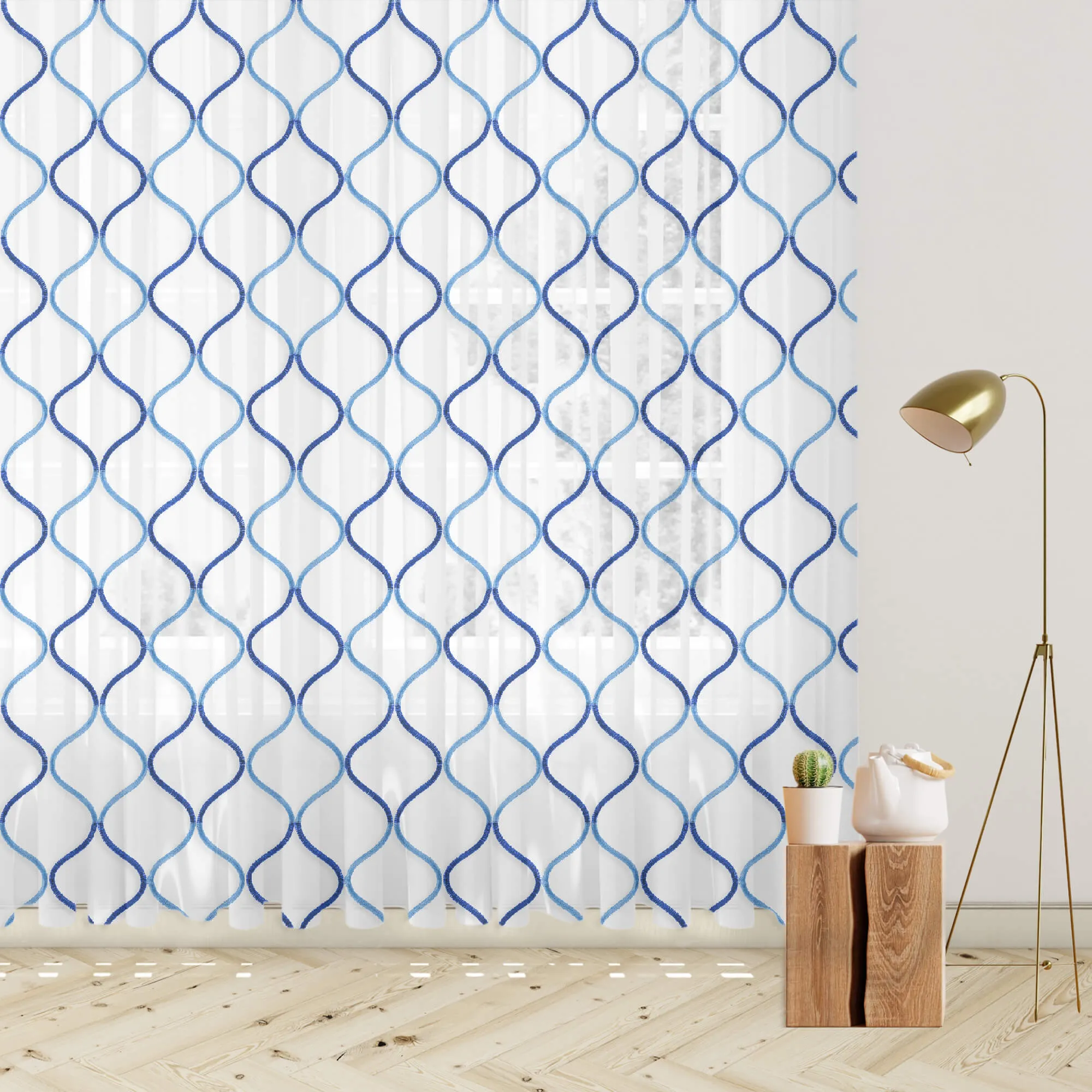 White And Royal Blue Trellis Pattern Embroidery Organza Tissue Premium Sheer Fabric (Width 48 Inches)