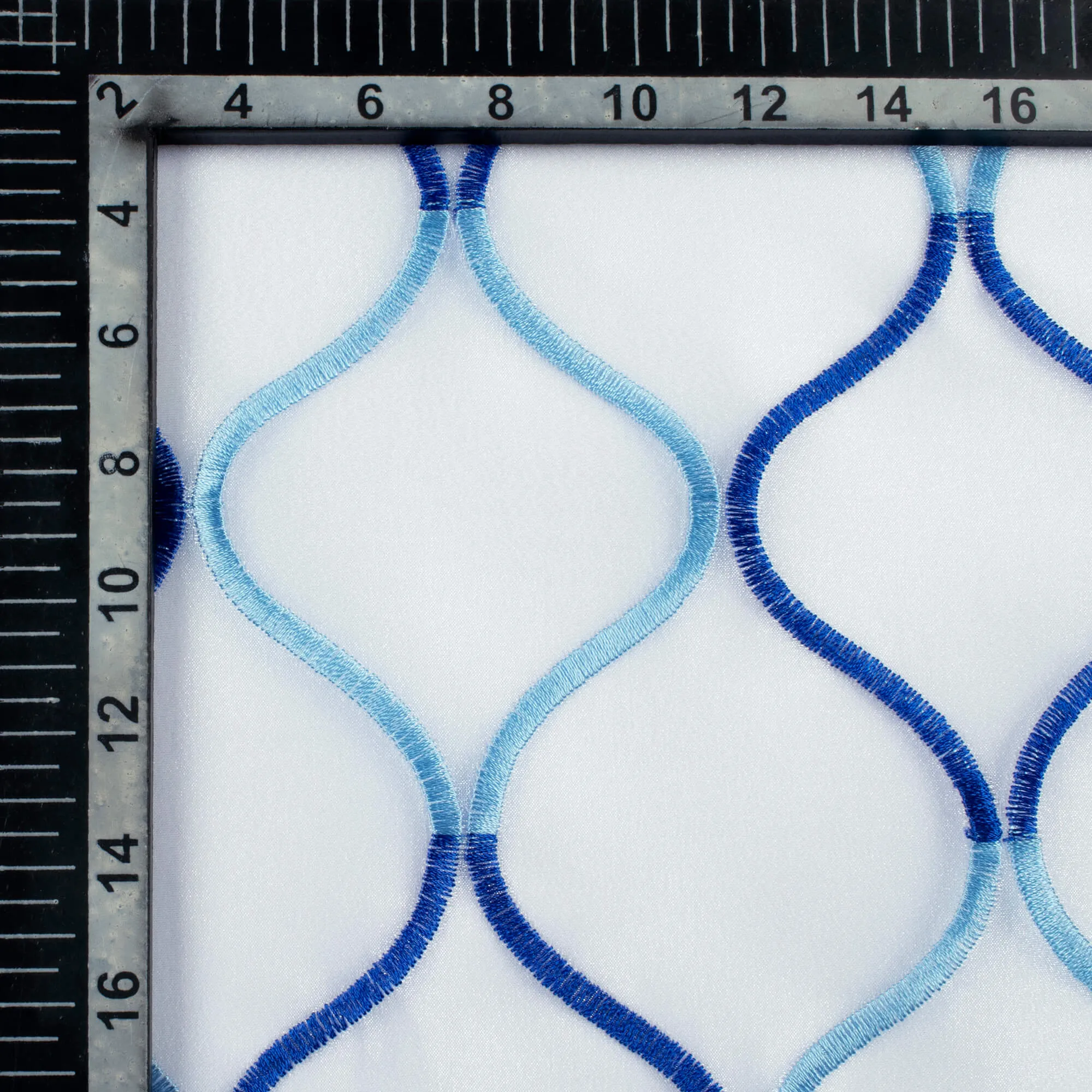 White And Royal Blue Trellis Pattern Embroidery Organza Tissue Premium Sheer Fabric (Width 48 Inches)