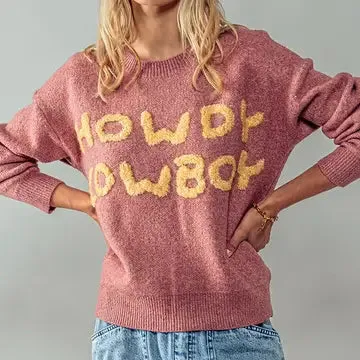 Women's Howdy Cowboy Wordy Knit Sweater in Pink