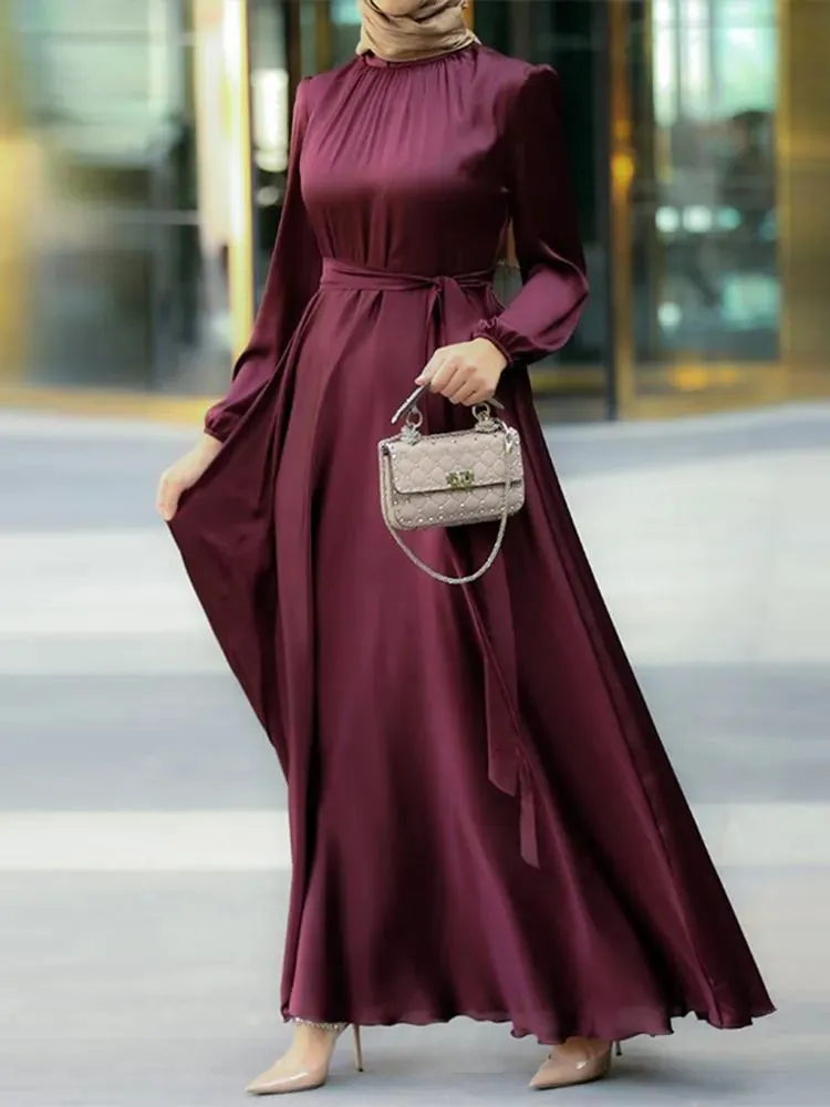 Women's Muslim Solid Satin Maxi Dress Chic Elegant Puff Sleeve