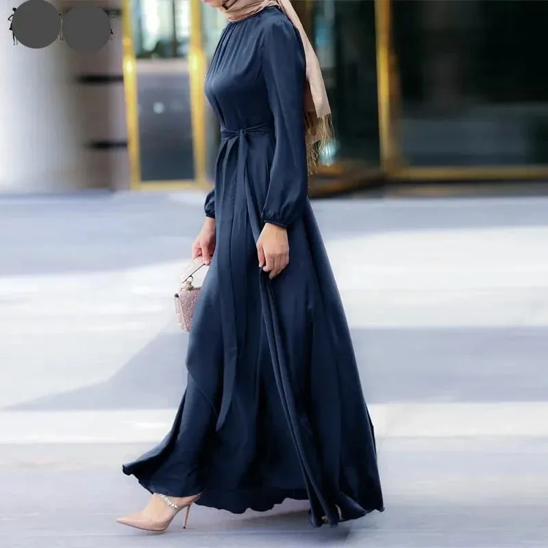 Women's Muslim Solid Satin Maxi Dress Chic Elegant Puff Sleeve