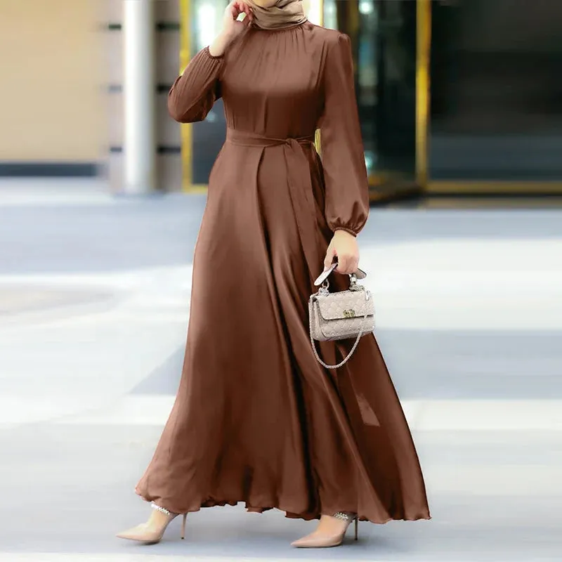 Women's Muslim Solid Satin Maxi Dress Chic Elegant Puff Sleeve