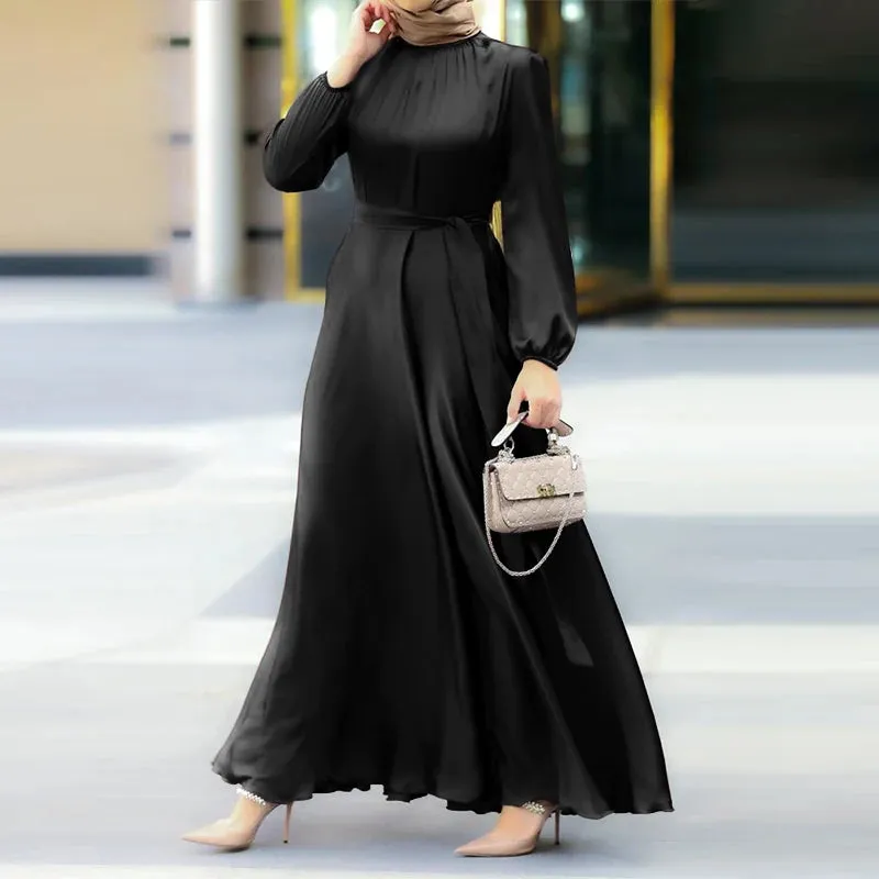 Women's Muslim Solid Satin Maxi Dress Chic Elegant Puff Sleeve